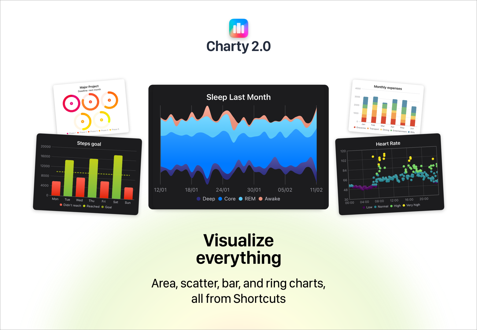 Charty 2.0 charts collage: rings, steps, sleep, expenses and heart rate