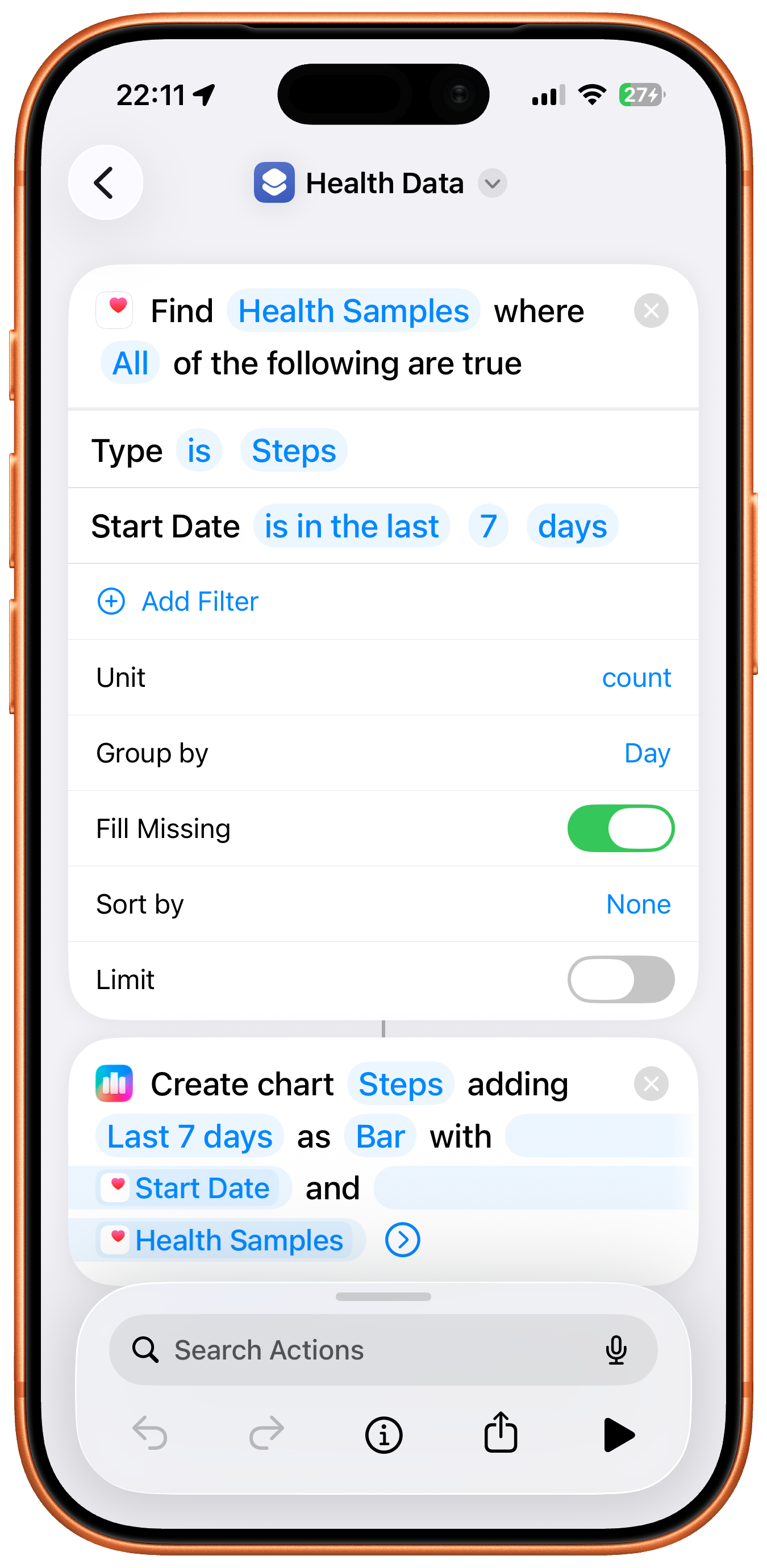 A shortcut that charts HealthKit data with Charty